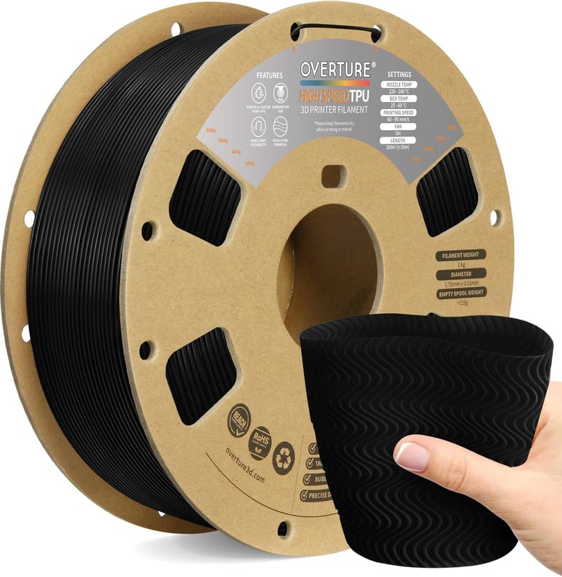 OVERTURE TPU High Speed Filament 1.75mm Flexible Roll, 95A Soft 3D Printer Filament, 1kg Spool (2.2 lbs), Fit Most FDM Printer (HS TPU Black) - Image 1