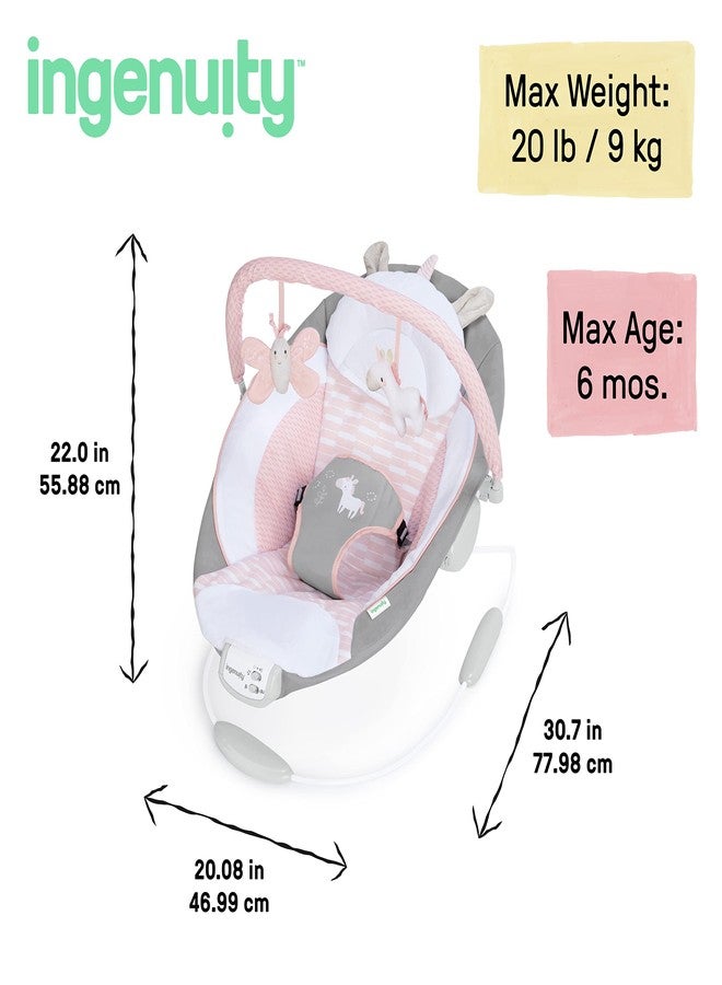 Ingenuity Soothing Baby Bouncer Infant Seat with Vibrations, -Toy Bar & Sounds, 0-6 Months Up to 20 lbs (Pink Flora the Unicorn) - Image 3