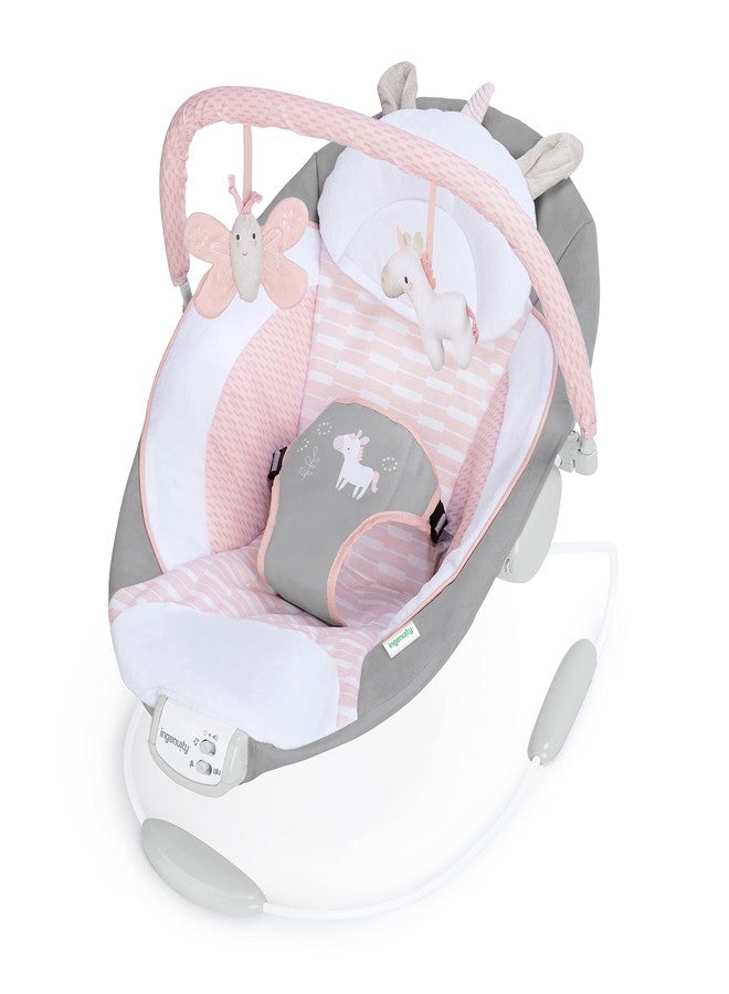 Ingenuity Soothing Baby Bouncer Infant Seat with Vibrations, -Toy Bar & Sounds, 0-6 Months Up to 20 lbs (Pink Flora the Unicorn) - Image 1