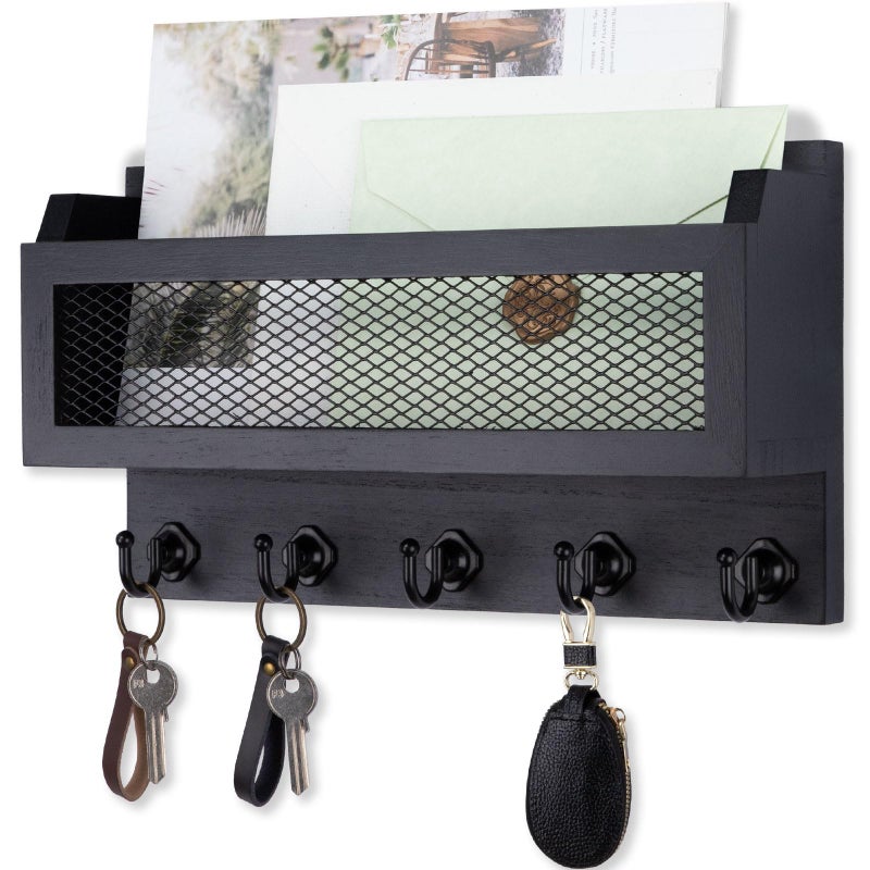 Nekon Mail and Key Holder for Wall Decorative 11 Inch Wooden Wall Key Organizer with 5 Key Hooks Wall Mount Storage Shelf for Entryway Hallway Black