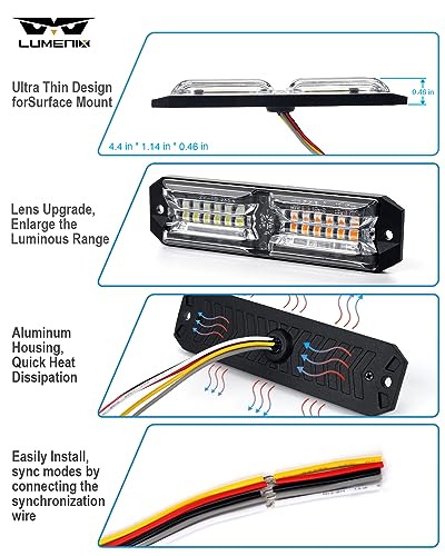 LUMENIX Grille Strobe Light Kits for Trucks, 12-LED Surface Mount Ultra Slim Emergency Hazard Warning Lights Head for Construction Vehicles Cars - White Amber - Image 2