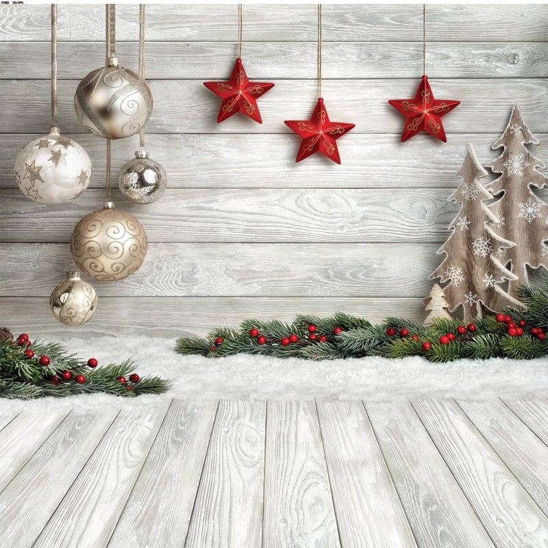 SJOLOON Christmas Backdrop Balls White Wood Floor Photography Backdrop Christmas Backdrops for Photography Photo Backdrops Studio Background 1038310x10FT