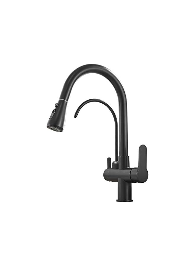 Commercial 3 in 1 Drinking Water Faucet, High Arc Water Filter Purifier Kitchen Faucets, Dual Handle Pull Out Kitchen Sink Faucet (Matte Black) - Image 1