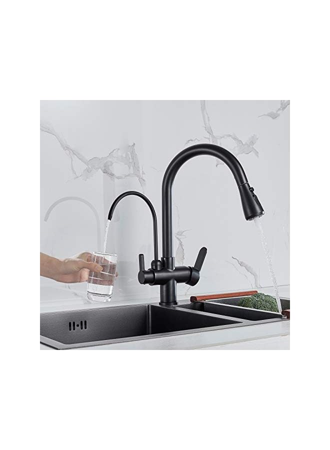 Commercial 3 in 1 Drinking Water Faucet, High Arc Water Filter Purifier Kitchen Faucets, Dual Handle Pull Out Kitchen Sink Faucet (Matte Black) - Image 4