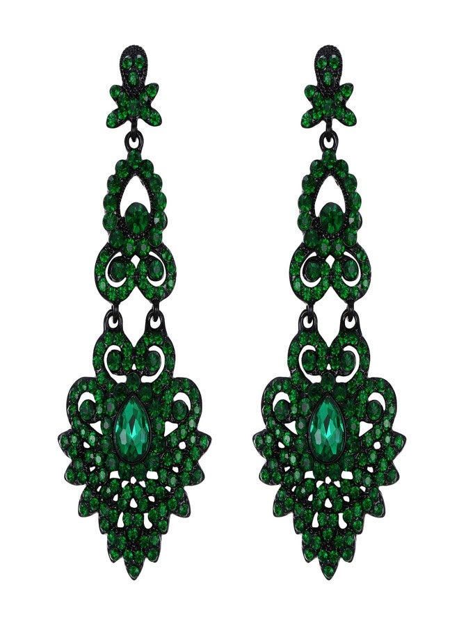 Flyonce Bridal Crystal Vintage Style Art Deco Chandelier Dangle Earrings for Women Green Black-Tone - Image 1
