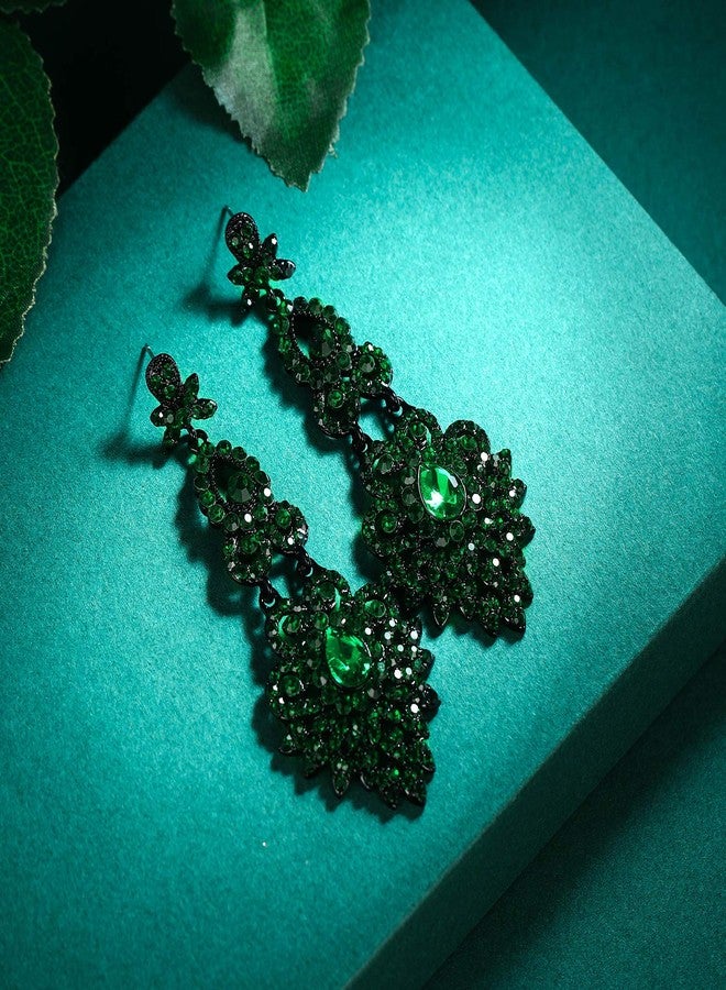 Flyonce Bridal Crystal Vintage Style Art Deco Chandelier Dangle Earrings for Women Green Black-Tone - Image 4