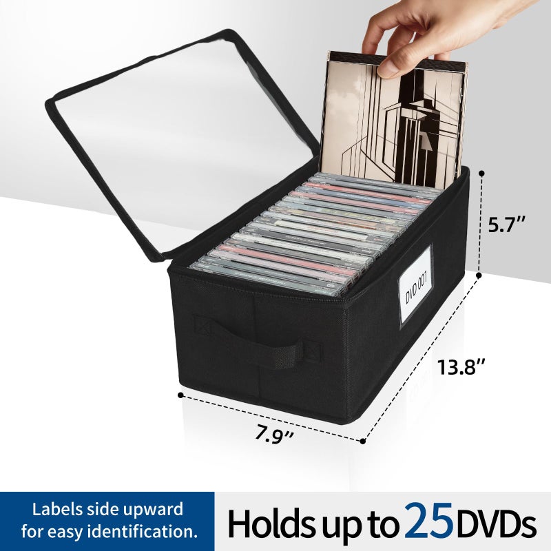 ComfortKeeper 4 Pack Durable Fabric DVD Storage Box with Clear PVC Lid, Holds 25 Standard DVD Cases, Sturdy Non-Woven Fabric with Cardboard Support for Movie Collection, Black - Image 4