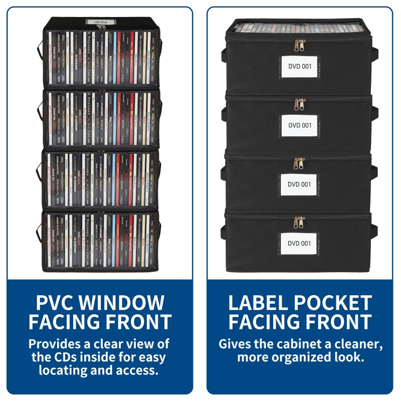 ComfortKeeper 4 Pack Durable Fabric DVD Storage Box with Clear PVC Lid, Holds 25 Standard DVD Cases, Sturdy Non-Woven Fabric with Cardboard Support for Movie Collection, Black - Image 2