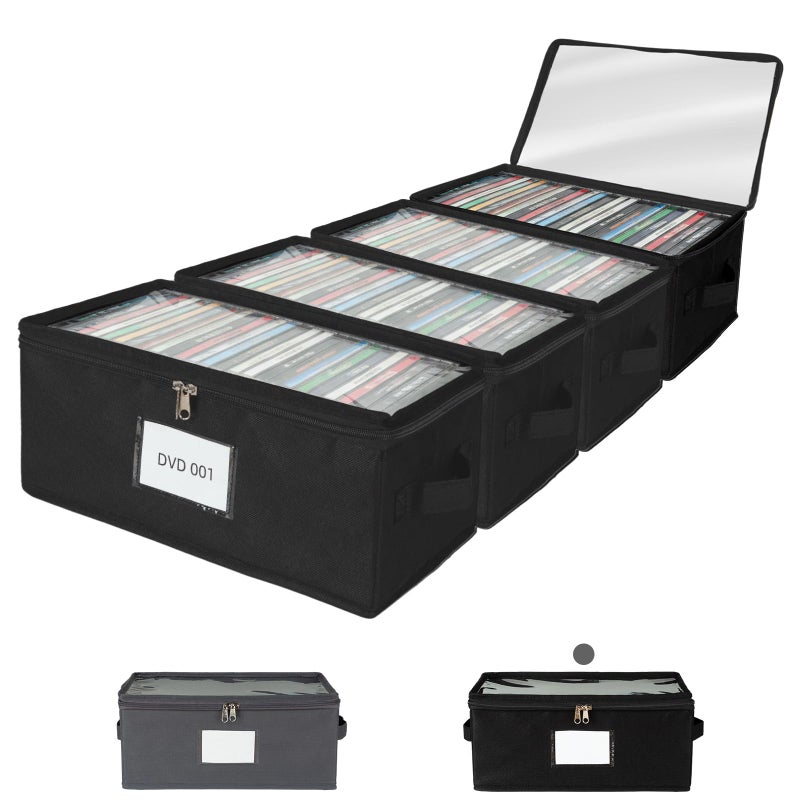 ComfortKeeper 4 Pack Durable Fabric DVD Storage Box with Clear PVC Lid, Holds 25 Standard DVD Cases, Sturdy Non-Woven Fabric with Cardboard Support for Movie Collection, Black - Image 1