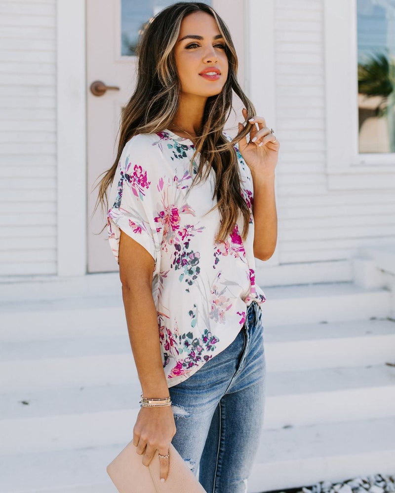 ANCAPELION Womenâ€™s Summer Chiffon Blouse Casual Short Sleeve V Neck Shirt Loose Printed Cuffed Sleeve Tunic Tops for Women White Printed Large - Image 3