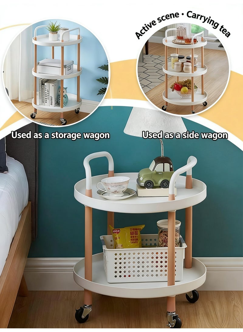 Coffee Table Sofa Side Snack Table Small Mobile Trolley with Multi-Layer Storage Shelves for Kitchen Living Room Bedroom Nightstand and Balcony (Round,ZDY-02-white ) - Image 4