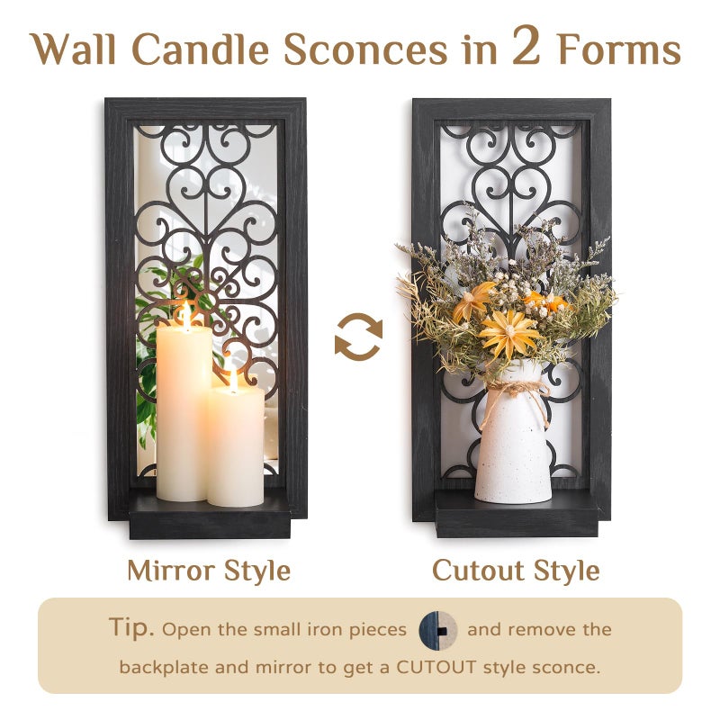 Walasis Gothic Candle Sconces Mirror Wall Decor - Black Halloween Art Mirrored Wall Candle Holder Decorative Set of Two Wood Vintage Small Hanging Shelves for Farmhouse Living Room Kitchen Bedroom - Image 2