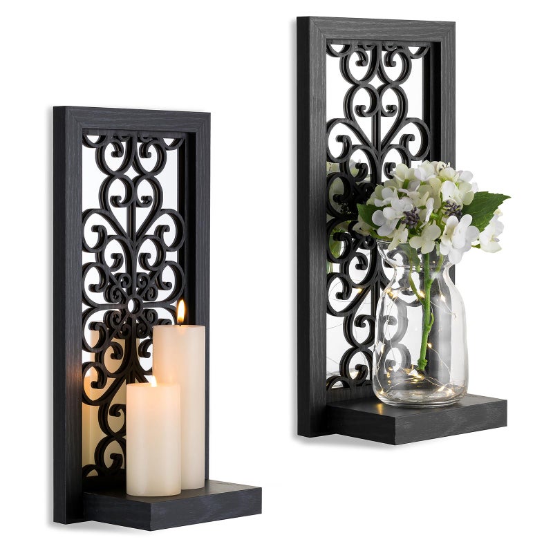 Walasis Gothic Candle Sconces Mirror Wall Decor - Black Halloween Art Mirrored Wall Candle Holder Decorative Set of Two Wood Vintage Small Hanging Shelves for Farmhouse Living Room Kitchen Bedroom - Image 1