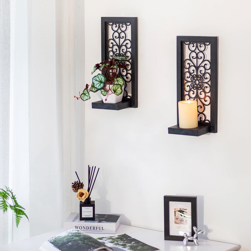 Walasis Gothic Candle Sconces Mirror Wall Decor - Black Halloween Art Mirrored Wall Candle Holder Decorative Set of Two Wood Vintage Small Hanging Shelves for Farmhouse Living Room Kitchen Bedroom - Image 4