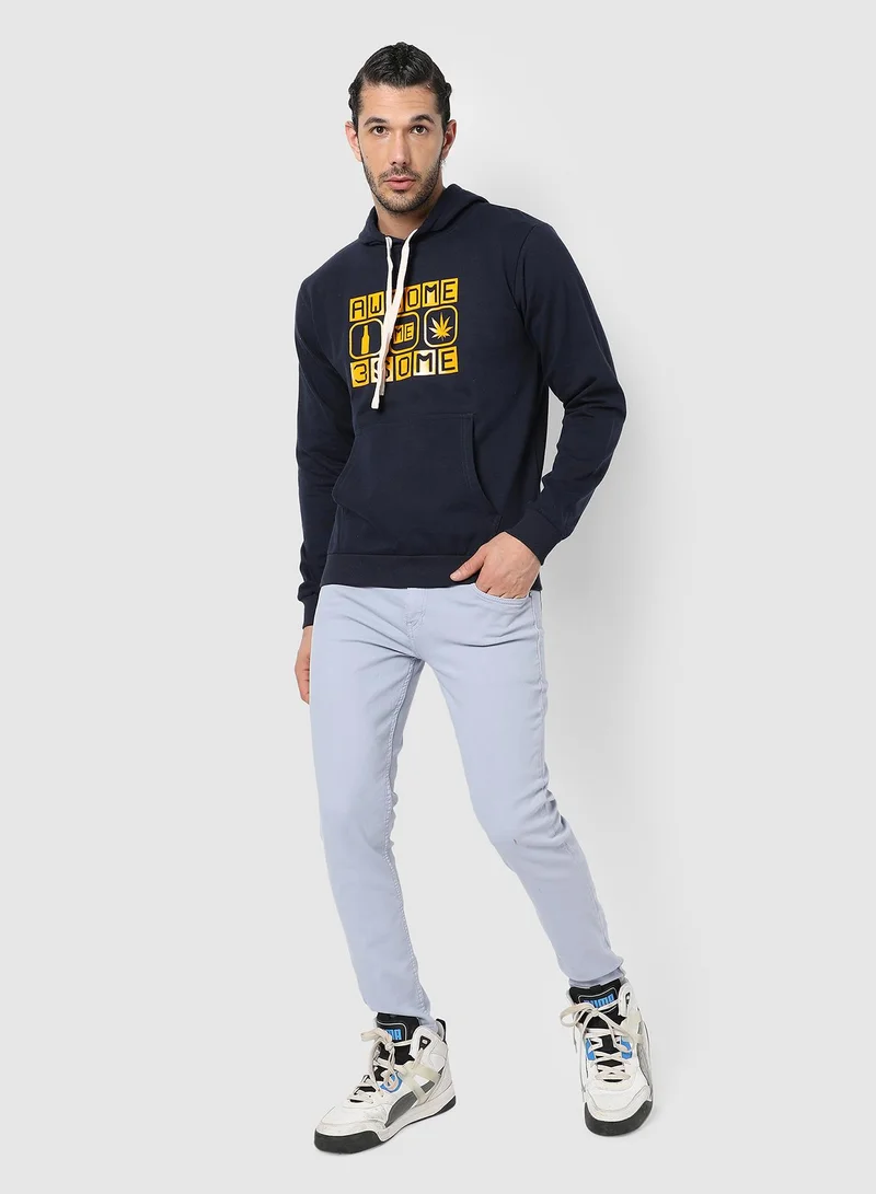 Campus Sutra Men's Navy Blue Awesome-Threesome Print Pullover Hoodie