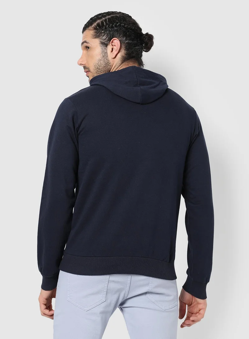 Campus Sutra Men's Navy Blue Awesome-Threesome Print Pullover Hoodie