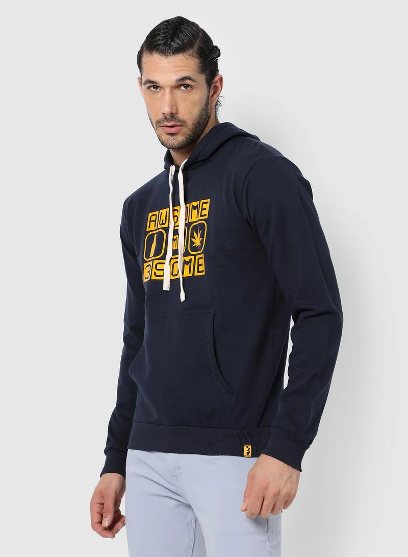 Campus Sutra Men's Navy Blue Awesome-Threesome Print Pullover Hoodie