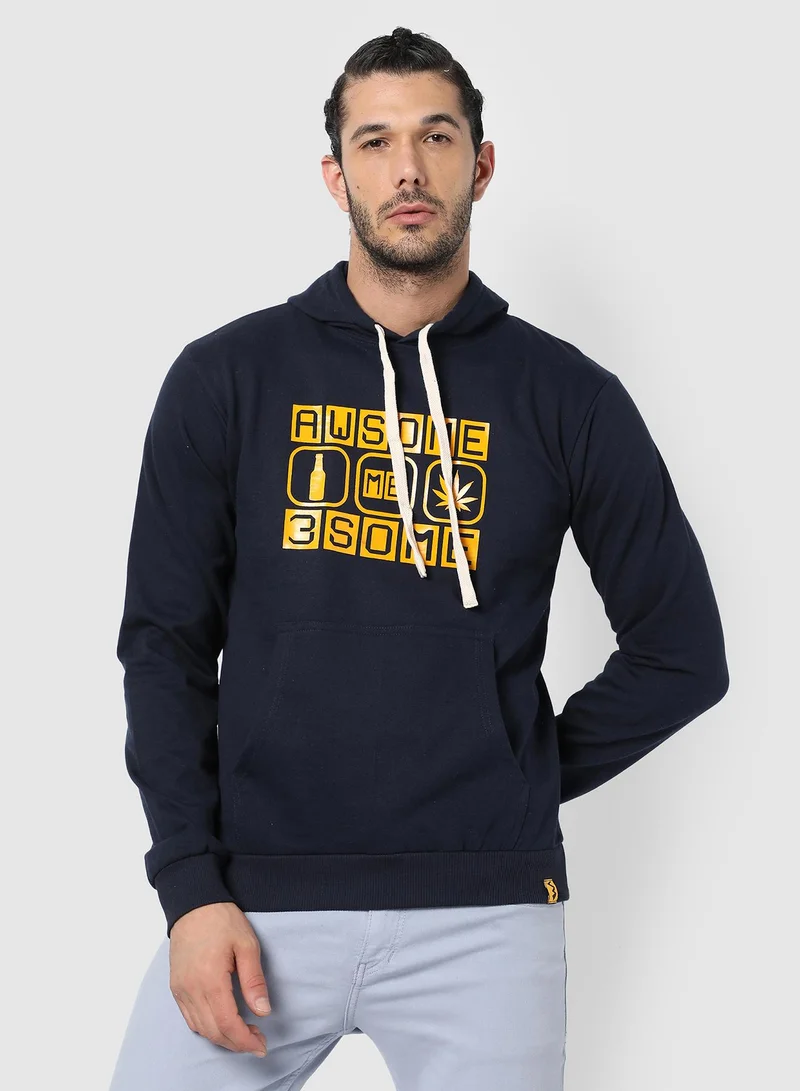 Campus Sutra Men's Navy Blue Awesome-Threesome Print Pullover Hoodie