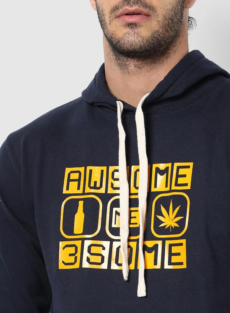 Campus Sutra Men's Navy Blue Awesome-Threesome Print Pullover Hoodie