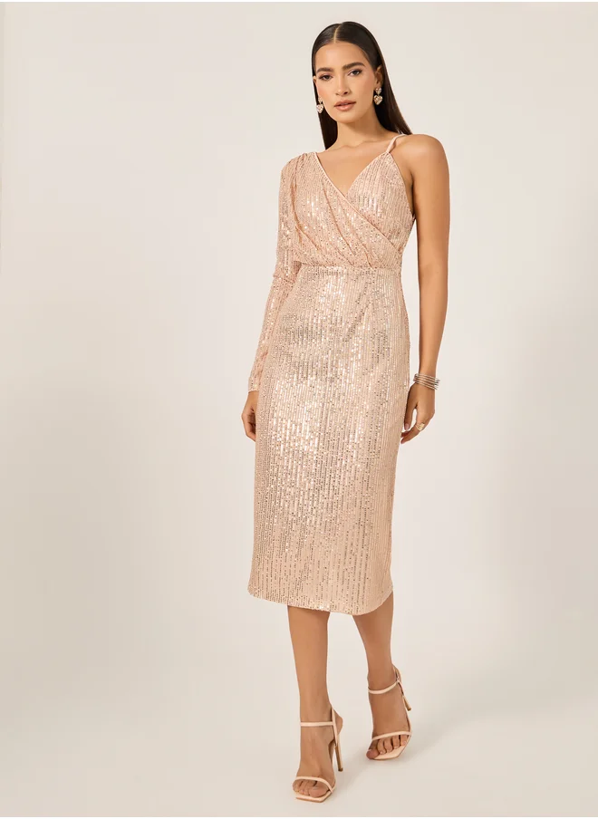Styli Sequinned One Long Sleeve Sheath Midi Dress