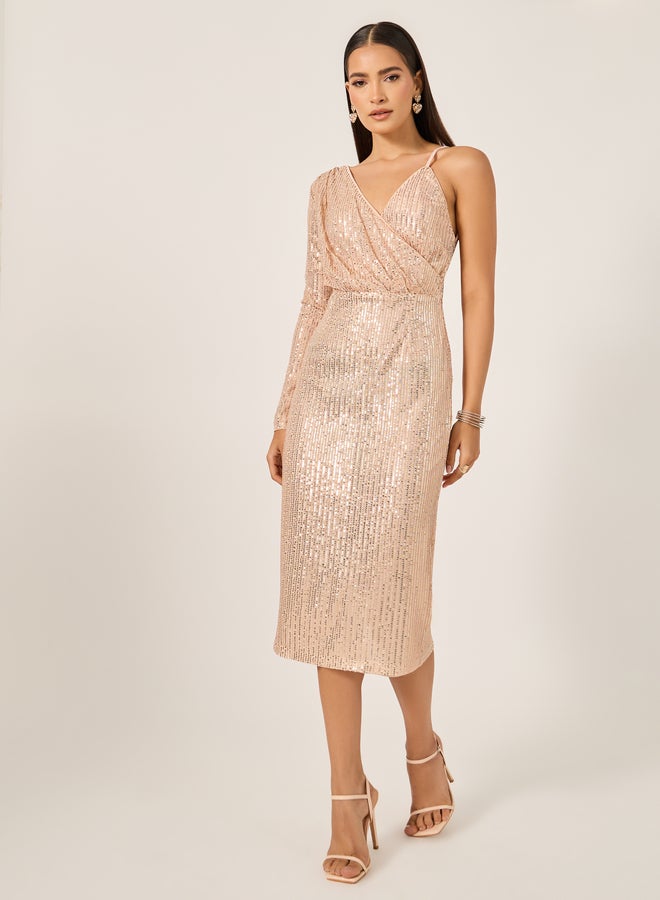 ستايلي فستان ميدي ضيق بأكمام طويلة مزين بالترتر - Image 2