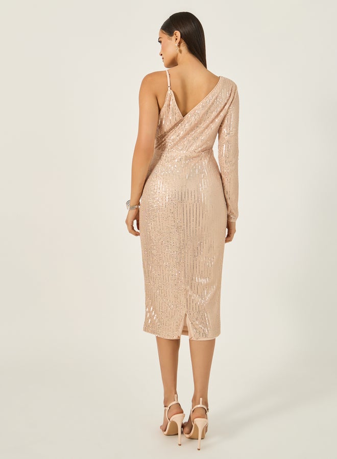 ستايلي فستان ميدي ضيق بأكمام طويلة مزين بالترتر - Image 5