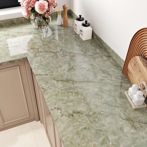 Wallderful Green Marble Contact Paper for Countertops Waterproof Green Gold Marble Wallpaper Peel and Stick Glossy Granite Contact Paper for Bathroom Kitchen Backsplash Cabinets Table Cyan Vinyl Decor - Image 3