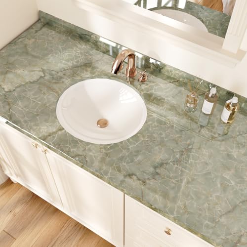 Wallderful Green Marble Contact Paper for Countertops Waterproof Green Gold Marble Wallpaper Peel and Stick Glossy Granite Contact Paper for Bathroom Kitchen Backsplash Cabinets Table Cyan Vinyl Decor - Image 2
