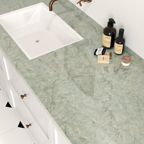 Wallderful Green Marble Contact Paper for Countertops Waterproof Green Gold Marble Wallpaper Peel and Stick Glossy Granite Contact Paper for Bathroom Kitchen Backsplash Cabinets Table Cyan Vinyl Decor - Image 1