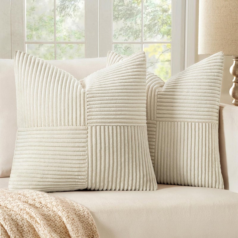 MIULEE Beige Decorative Throw Pillow Covers 18x18 Inch for Couch Bed Sofa Pack of 2 Boho Neutral Farmhouse Throw Pillows Soft Cross Corduroy Patchwork Textured Cushion Cases - Image 1