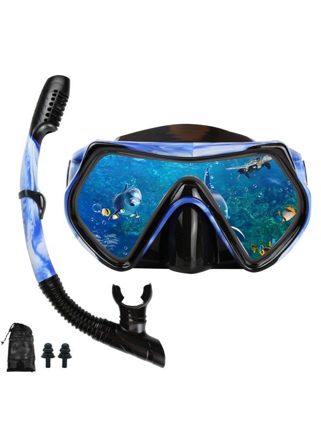 DIPUKI Snorkel mask Snorkeling Set for Adults and Youth, Diving mask and Full Dry Snorkel Swim Googles is Suitable for Snorkeling, Dive Scuba Diving, Swimming (Blue and White-Black) - Image 1