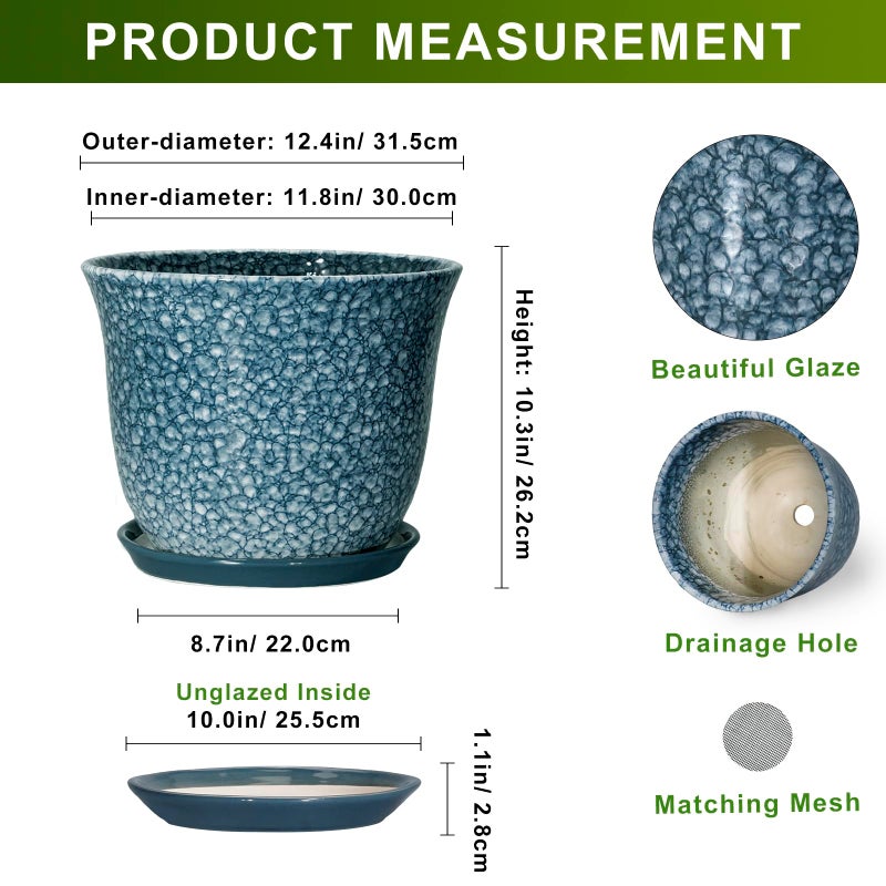 SUNPOTFOR Ceramic Plant Pots - 12 Inch Pots for Plants Indoor Outdoor, Large Round Planter with Drainage Hole and Saucer, Modern Decorative Planters, Garden House Decor, House Warming Gifts, Blue - Image 2