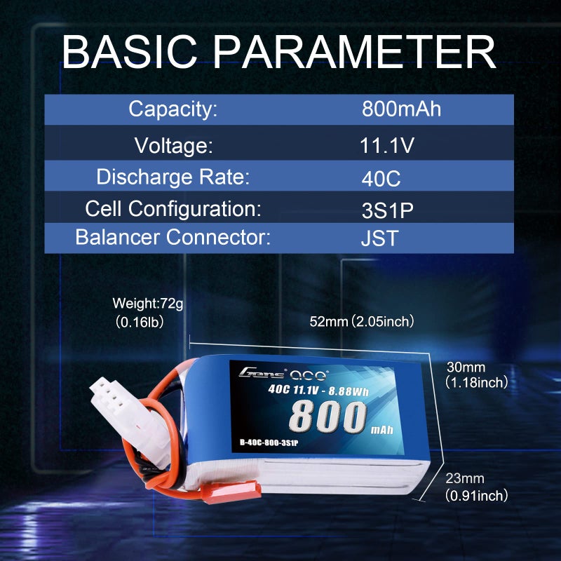 Gens ace Gens ace 3S 800mAh 11.1V 40C LiPo Battery Pack with JST Plug for 200 250 Heli 800mm Warbirds Eflite Blade CP CP Pro Helicopter Compare to E-flite EFLB8003SJ30  - Image 2