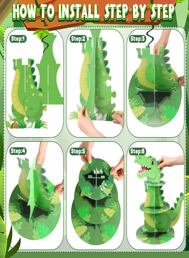 Poen حامل كب كيك ديناصورات من ثلاث طبقات من بوين، زينة حفلات مع 24 قطعة من مجسمات الديناصورات، حامل كب كيك، برج حلويات للأطفال، هدايا حفلات ديناصورات الغابة، لوازم حفلات أعياد الميلاد وحفلات استقبال المولود - Image 4