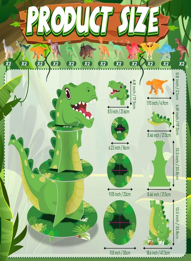 Poen حامل كب كيك ديناصورات من ثلاث طبقات من بوين، زينة حفلات مع 24 قطعة من مجسمات الديناصورات، حامل كب كيك، برج حلويات للأطفال، هدايا حفلات ديناصورات الغابة، لوازم حفلات أعياد الميلاد وحفلات استقبال المولود - Image 2