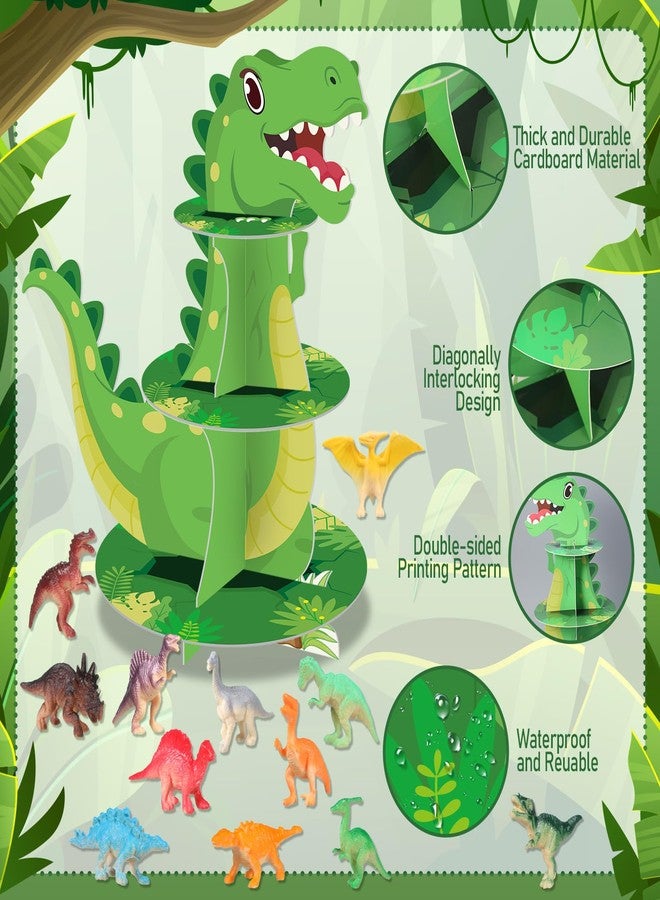 Poen حامل كب كيك ديناصورات من ثلاث طبقات من بوين، زينة حفلات مع 24 قطعة من مجسمات الديناصورات، حامل كب كيك، برج حلويات للأطفال، هدايا حفلات ديناصورات الغابة، لوازم حفلات أعياد الميلاد وحفلات استقبال المولود - Image 3