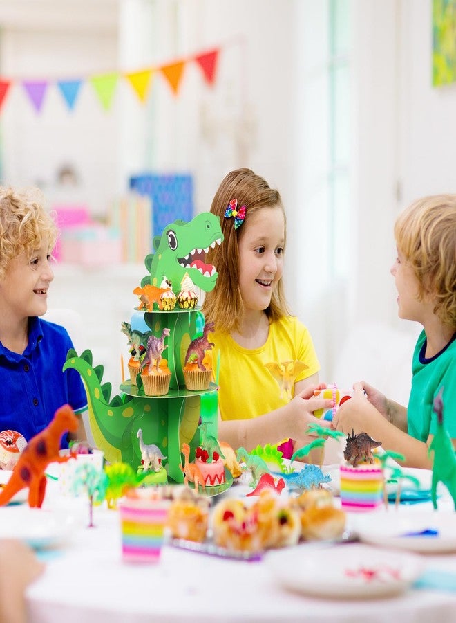 Poen حامل كب كيك ديناصورات من ثلاث طبقات من بوين، زينة حفلات مع 24 قطعة من مجسمات الديناصورات، حامل كب كيك، برج حلويات للأطفال، هدايا حفلات ديناصورات الغابة، لوازم حفلات أعياد الميلاد وحفلات استقبال المولود - Image 5