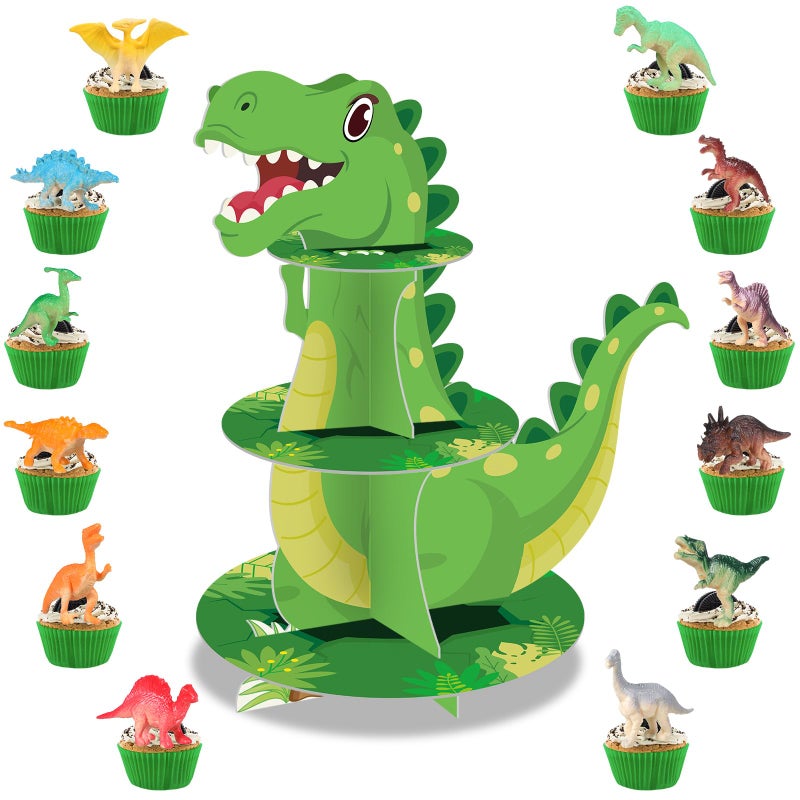 Poen حامل كب كيك ديناصورات من ثلاث طبقات من بوين، زينة حفلات مع 24 قطعة من مجسمات الديناصورات، حامل كب كيك، برج حلويات للأطفال، هدايا حفلات ديناصورات الغابة، لوازم حفلات أعياد الميلاد وحفلات استقبال المولود - Image 1