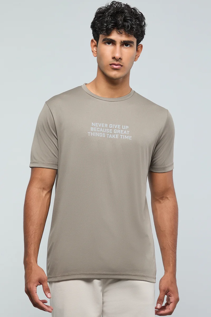 أر أند بي Typography Print Active T-Shirt with Crew Neck and Short Sleeves