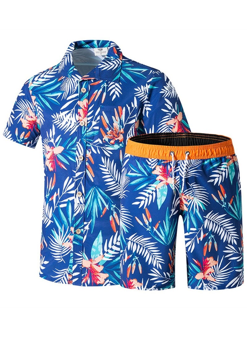 Loquat 2Pcs Men's Sport Loose Breathable Swimming Leaf Shorts Blue  - Image 1