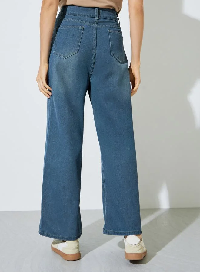 Styli Medium Blue Medium Blue High Rise Wide Leg Jeans for Women | Best Price UAE