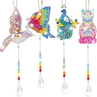 Queekay 4 Pieces Diamond Painting Suncatcher DIY Wind Chime Kit Hanging Double Sided Hummingbird Butterfly Cat Peacock - Image 1