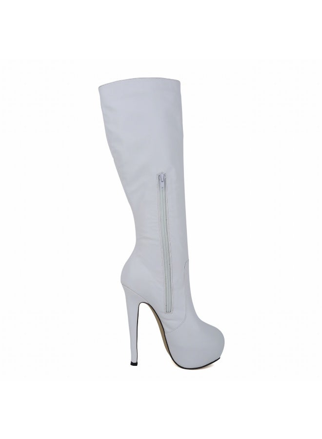 Loquat Faux leather ultra-high heel leg-slimming round-toe knee-high women's boots Heel height: 14cm, platform height: 4cm White - Image 1