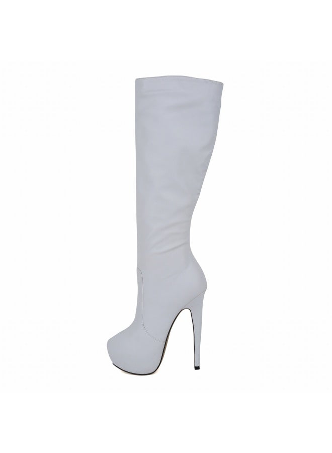 Loquat Faux leather ultra-high heel leg-slimming round-toe knee-high women's boots Heel height: 14cm, platform height: 4cm White - Image 2