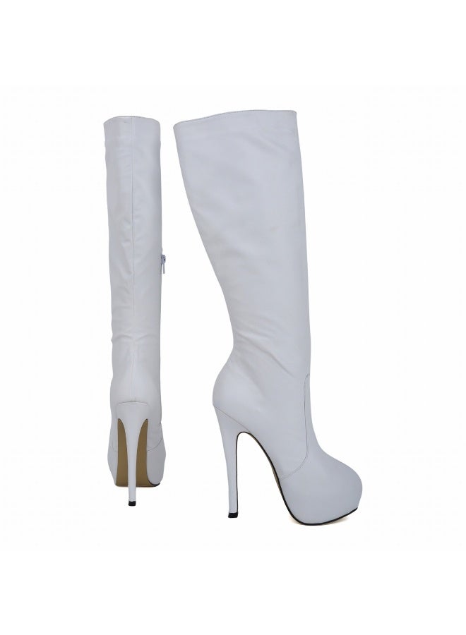 Loquat Faux leather ultra-high heel leg-slimming round-toe knee-high women's boots Heel height: 14cm, platform height: 4cm White - Image 3