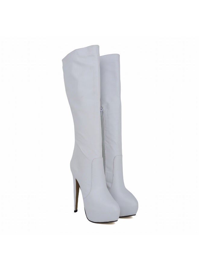 Loquat Faux leather ultra-high heel leg-slimming round-toe knee-high women's boots Heel height: 14cm, platform height: 4cm White - Image 4