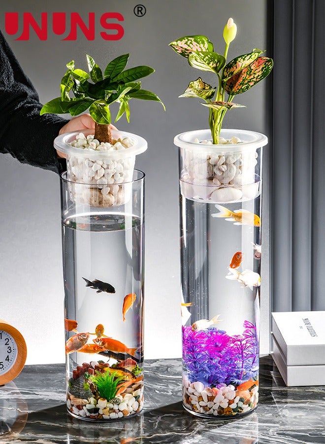 UNUNS FishTank,2pcs Acrylic Fish Tank with Hydroponic Planter Basket,Desktop Ecological Tank,Straight Fish Tank for Office and Home Desk Decoration Display,10x30cm - Image 2