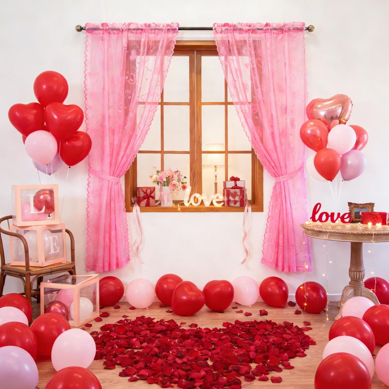 Awnmeow Valentine's Day Lace Curtains, Love Heart Embroidery Weave Sheer Curtains, Holiday Rod Pocket Drapes for Living Room, Pink 2 Panels 52 x 63 Inch - Image 2