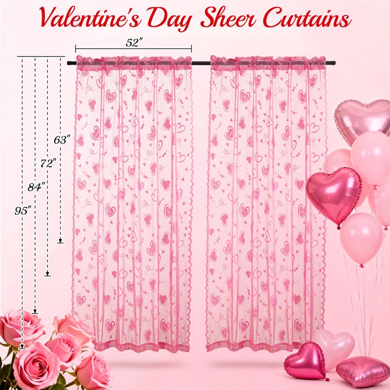 Awnmeow Valentine's Day Lace Curtains, Love Heart Embroidery Weave Sheer Curtains, Holiday Rod Pocket Drapes for Living Room, Pink 2 Panels 52 x 63 Inch - Image 5