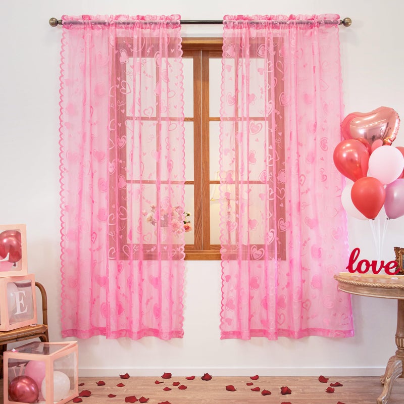 Awnmeow Valentine's Day Lace Curtains, Love Heart Embroidery Weave Sheer Curtains, Holiday Rod Pocket Drapes for Living Room, Pink 2 Panels 52 x 63 Inch - Image 1